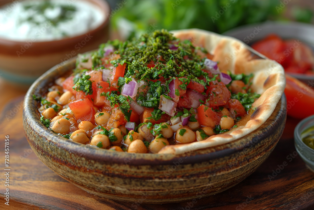 On the table is sabich with pita bread, eggplant, chickpeas, onions, tomatoes, cucumbers, yogurt and zhug sauce. On the table is sabich with pita bread, eggplant, chickpeas, onions, tomatoes, cucumbers, yogurt and zhug sauce.