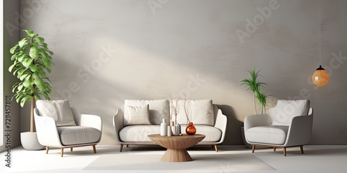 Chic living room with cozy seating and table by blank wall. Room for text.