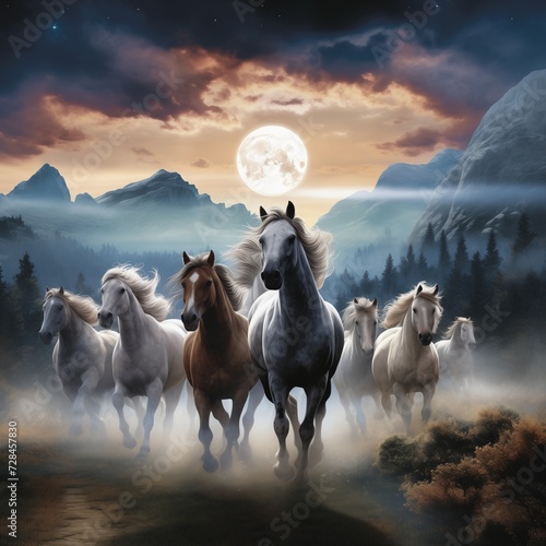 a horse herd in a moonlit meadow.