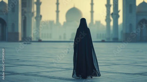 A Muslim woman in a niqab walking towards a big mosque, her figure silhouetted against the evening sky, back view