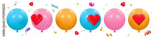 3d balloons. Birthday heart baloons for celebrate party day, gift pink blue ball toy renders for decor. Flying confetti. Holiday vector background render glossy elements set