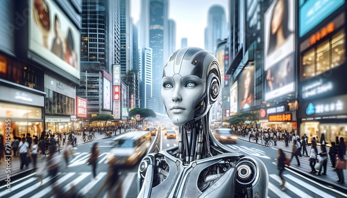 woman robot portrait on city street background