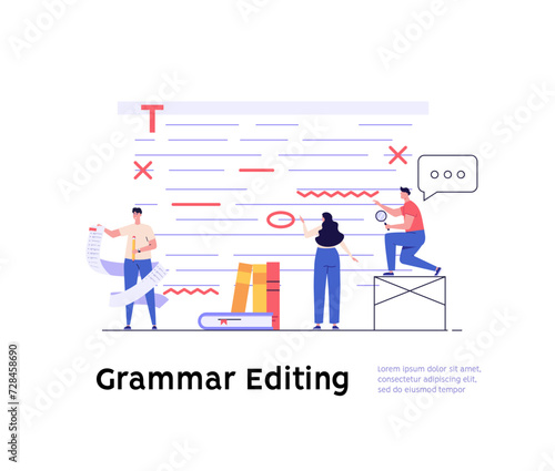 Editing document with text. Correcting grammar mistake with red marker. Teacher fix page text errors. Concept of proofread script, grammar edit, correcting mistake. Vector flat cartoon illustration