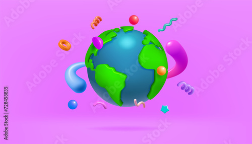 3d world globe. Global earth planet map render for shop sale post, online distribution service. Flying abstract elements. Global digital communication. Vector illustration concept
