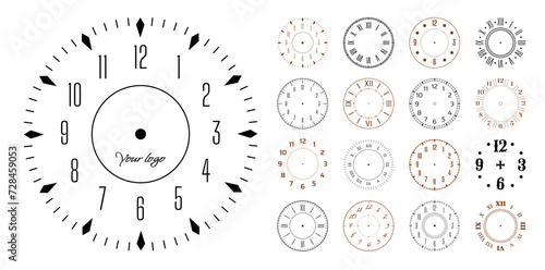 Clock face. Watch number dial template. Roman wall design. Analog circle hours or clockwise. Round retro chronometer. Seconds counter. Timepiece accuracy ticking. Vector time elements set photo