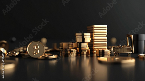 Of golden coins stack on black background with mock up place