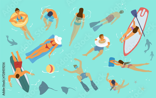 Summer beach. People swim sea on vacation, woman swimming and lying on inflatable mattress. Happy person, character sitting on boat, surfer in ocean. Vector flat cartoon isolated swimmers set