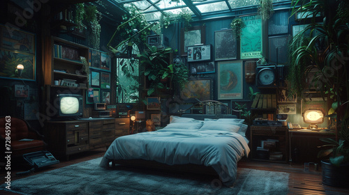 Enter a time-traveling bedroom with elements from various eras, where a Victorian bedframe, retro posters, and futuristic gadgets coexist in a harmonious blend of past and future.  © Dani Shah