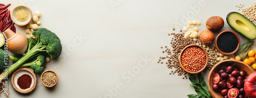 Wide view from above banner image of Vegetarian Day food banner with different types of vegetables and fruit items in a manner on white color table background mockup