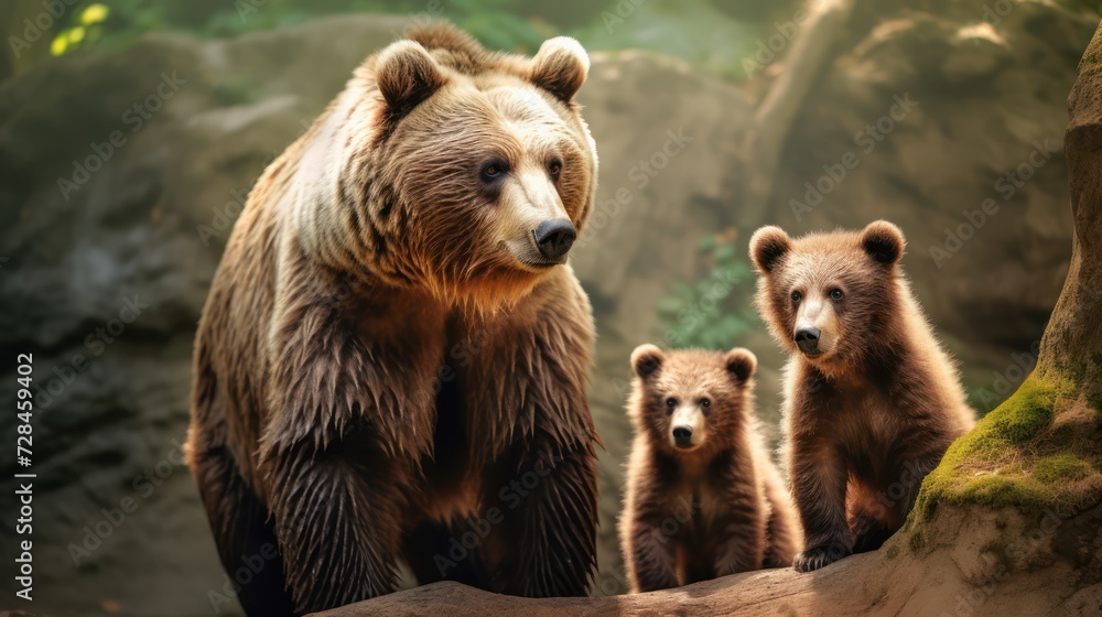 Brown bear cubs standing and her mom close. Creative Banner. Copyspace image