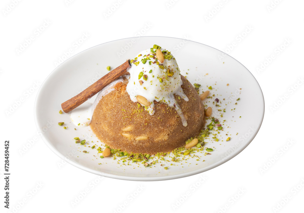 Semolina dessert with ice cream - Turkish name; dondurmali irmik helvasi Semolina dessert with ice cream - Turkish name; dondurmali irmik helvasi