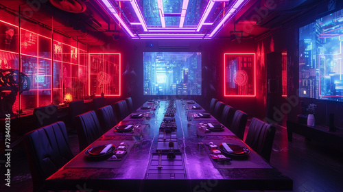 Explore a cyberpunk-inspired dining room with holographic table settings  neon accents  and interactive projections  elevating the dining experience to a futuristic level. 