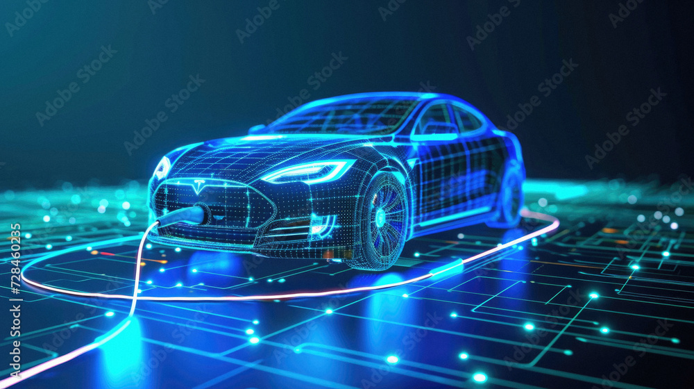 Of a blue sports car on a digital circuit background