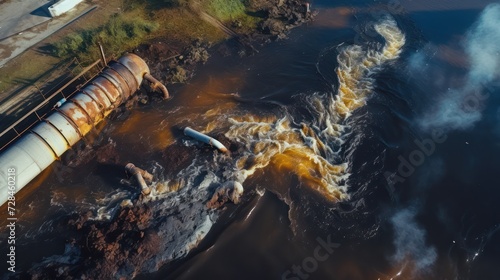 Hazardous chemicals are released into the river Industrial waste water aerial done view Sewage drains into the river Environmental pollution Ecological catastrophe and disaster Contamination