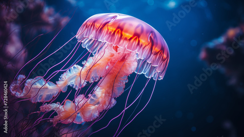 Translucent jellyfish swimming in a neon blue underwater world