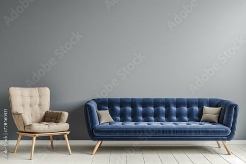 Blue sofa and beige recliner chair against grey wall with copy space. Scandinavian, minimalist home interior design of modern living room.