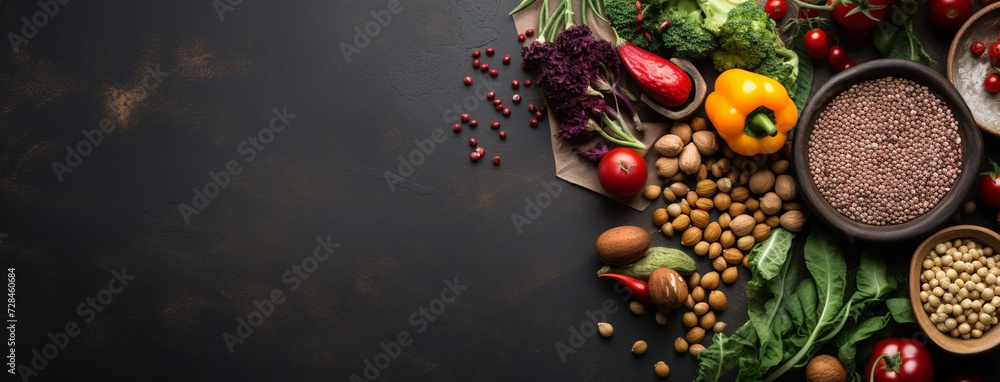 Wide flat lay view banner image of vegetarian day food banner with different types of vegetables and fruit items in a manner on dark wooden color table mockup Wide flat lay view banner image of vegetarian day food banner with different types of vegetables and fruit items in a manner on dark wooden color table mockup