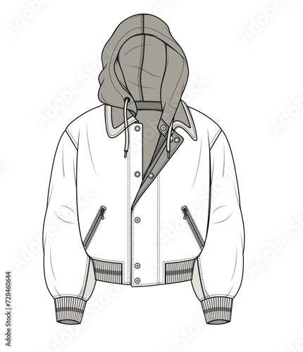 men,motorcycle biker jacket with hood,leather jacket fashion cad,technical drawing vector