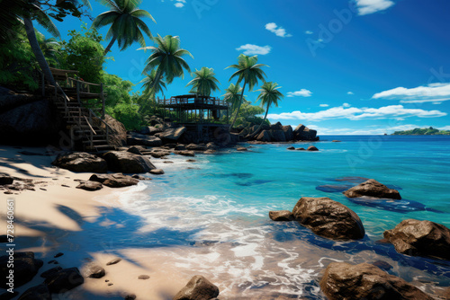 Panoramic view of beautiful beach with coconut palm tree, sea and beautiful rocks