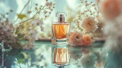 A high-end perfume bottle on a mirrored vanity  surrounded by delicate flowers. 