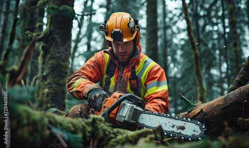 Forrest worker in orange protect suit holding chainsaw in his hand 