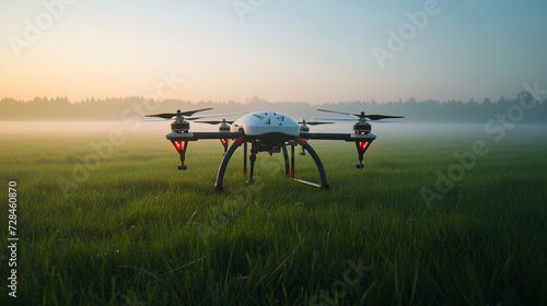 A high-tech drone on a grassy field, with the early morning fog lifting in the background.  © IBRAHEEM'S AI