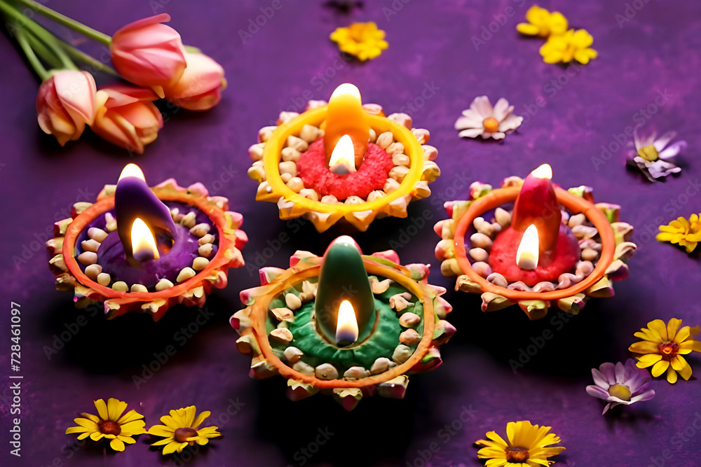 colourful clay diya lights with purple backgrounds and flowers