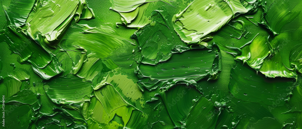 Obraz premium Closeup of abstract rough neon green art painting texture, with oil or acrylic brushstroke, pallet knife paint on canvas background