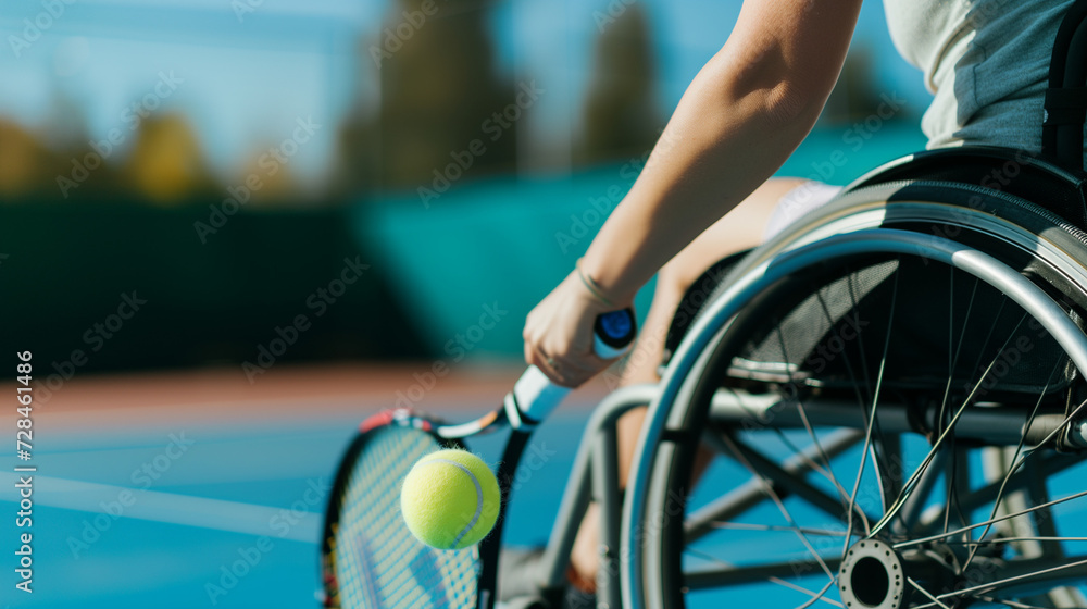Close-up candid image of a disabled wheelchair user playing tennis. AI generated