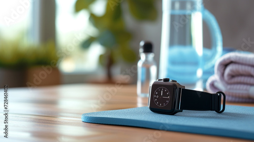 A modern smartwatch on a fitness mat, with a water bottle and towel in the background.  photo