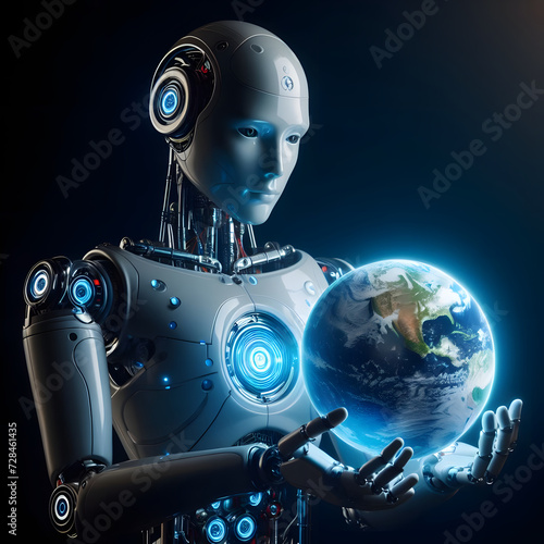 AI robot holding earth globe in hands. Concept of AI technology controlling the world. © masterofmoments