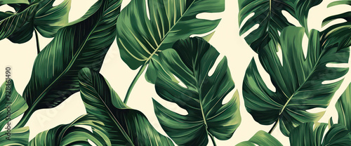 Exotic Tropic Nature: A Lush Jungle Pattern of Palm Leaves, Floral Botanical Illustration on Green Background.