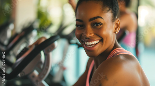 Close up of a young happy black woman keeping fit exercising at a gym spinning class. AI generated