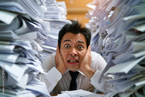 Angry and serious asian office worker overwhelmed by paperwork, screaming,  shouting, A lot of work waiting.