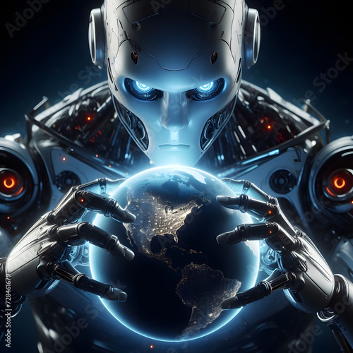 AI robot holding earth globe