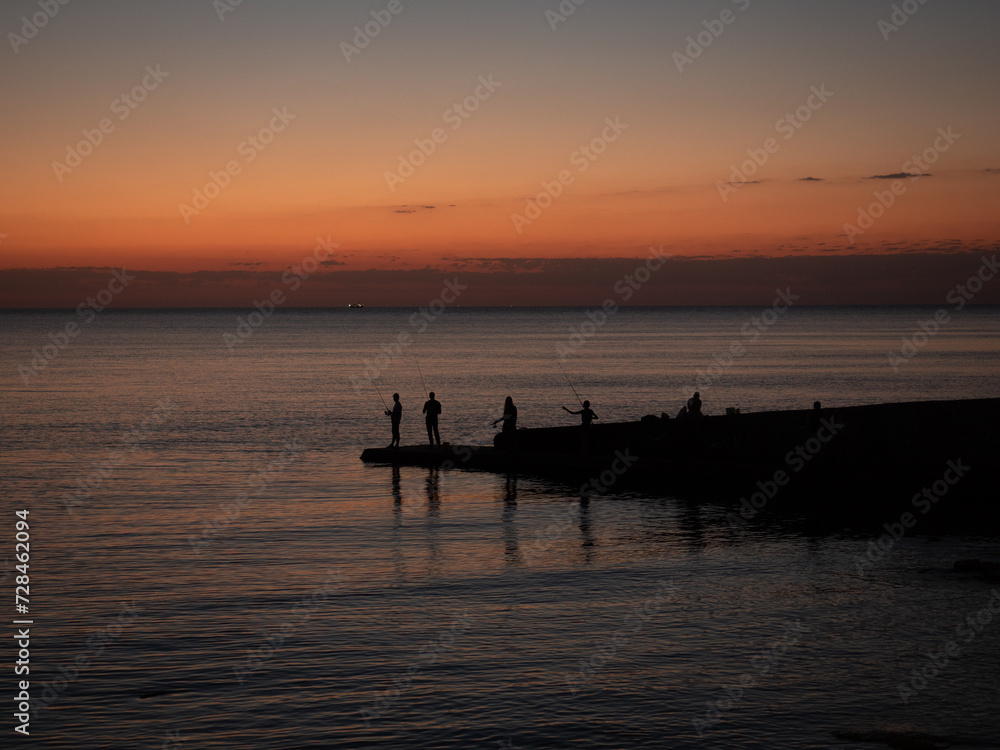 sea, evening, silhouettes, sunset, fishermen, summer
