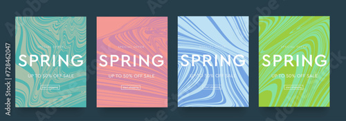 Set Spring Design with Graphic Optic Line. Modern Abstract Psychedelic Patterns in Retro Style for Advertising, Web, Social Media, Poster, Banner, Cover. 3d Sale Offer 50%. Vector Illustration