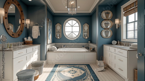 Immerse yourself in a nautical-themed bathroom with ship wheel mirrors, porthole-inspired windows, and marine blue accents, creating a serene seascape within your home. 