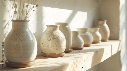 A set of handcrafted ceramic vases on a wooden shelf, with natural light from a nearby window. 