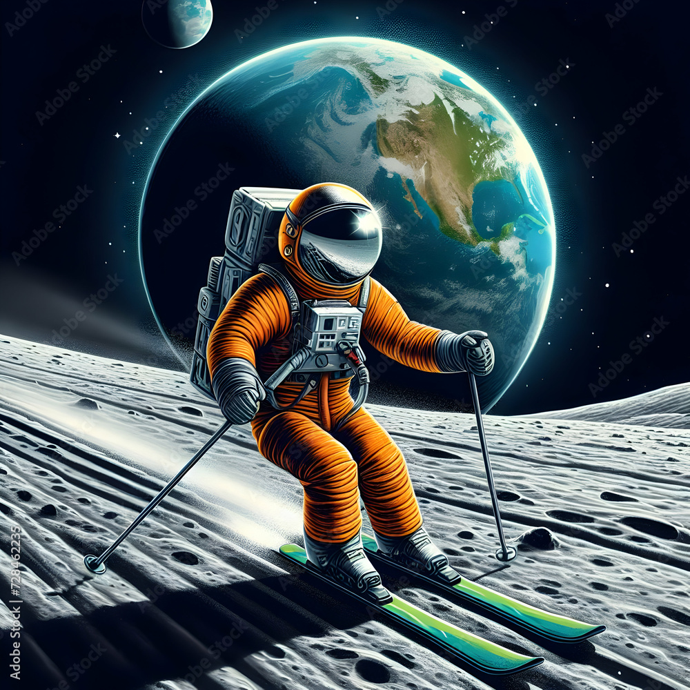 Astronaut skiing on moon surface earth in background
