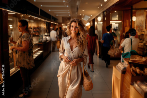 Young happy European woman walks through a shopping mall while shopping