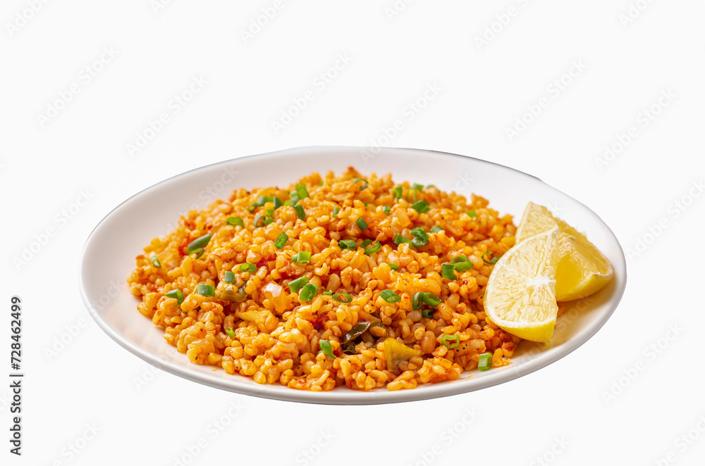 Traditional turkish bulgur pilaf with tomato sause in plate (Turkish name; meyhane pilavi) Traditional turkish bulgur pilaf with tomato sause in plate (Turkish name; meyhane pilavi)