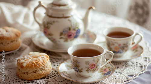 A set of vintage tea cups on a lace tablecloth, with a teapot and fresh scones. 