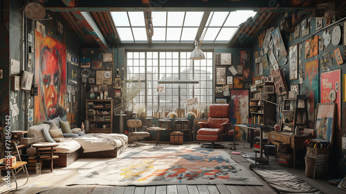 Immerse yourself in an artist's loft-inspired studio with a vast skylight, industrial furniture, and walls adorned with ever-changing digital art, fostering creativity and inspiration. 