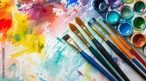 A set of watercolor paints and brushes on a white canvas, ready for an artist's touch. 