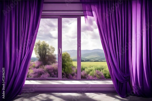 Artistic view  Purple color curtain against a window. 