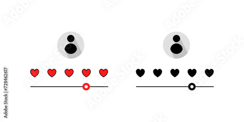 Heart rating slider icons. Mockup photo. Flat and silhouette style. Vector icons