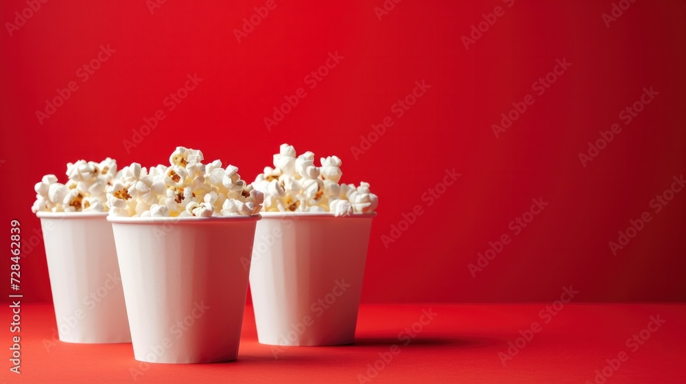 Paper popcorn cups isolated on red studio background with copy space. Paper popcorn cups isolated on red studio background with copy space.