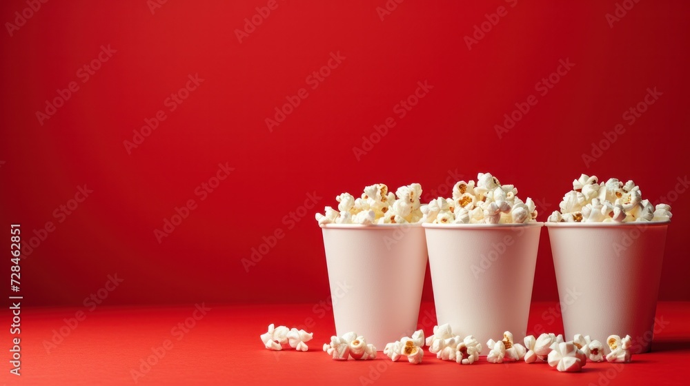 Paper popcorn cups isolated on red studio background with copy space. Paper popcorn cups isolated on red studio background with copy space.