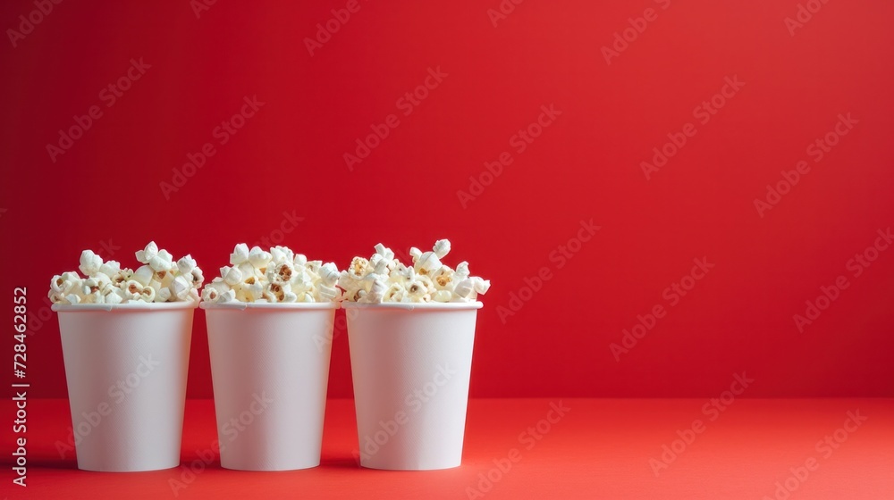 Paper popcorn cups isolated on red studio background with copy space.